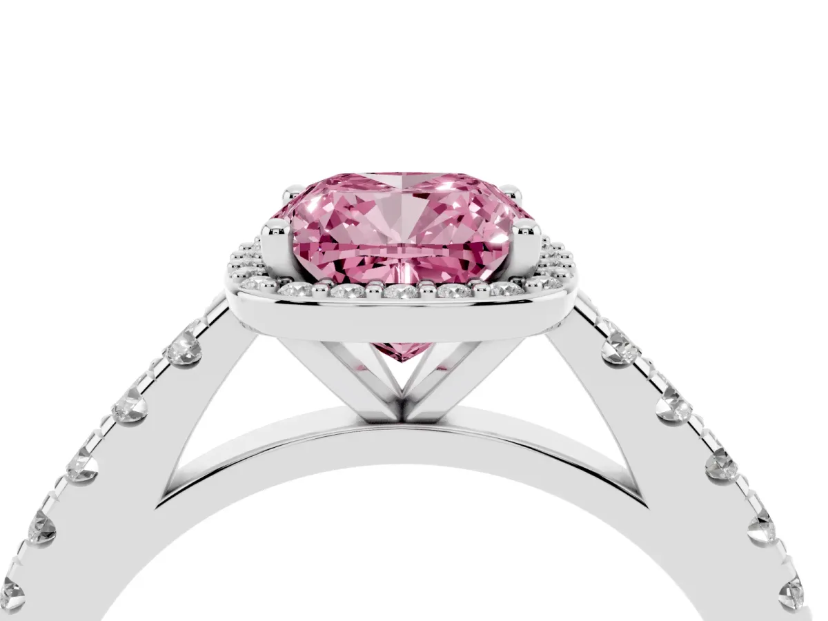 Fancy Pink Cushion Cut Cut Halo Diamond Engagement Ring with Pave Band and Four-Prong Setting Silver