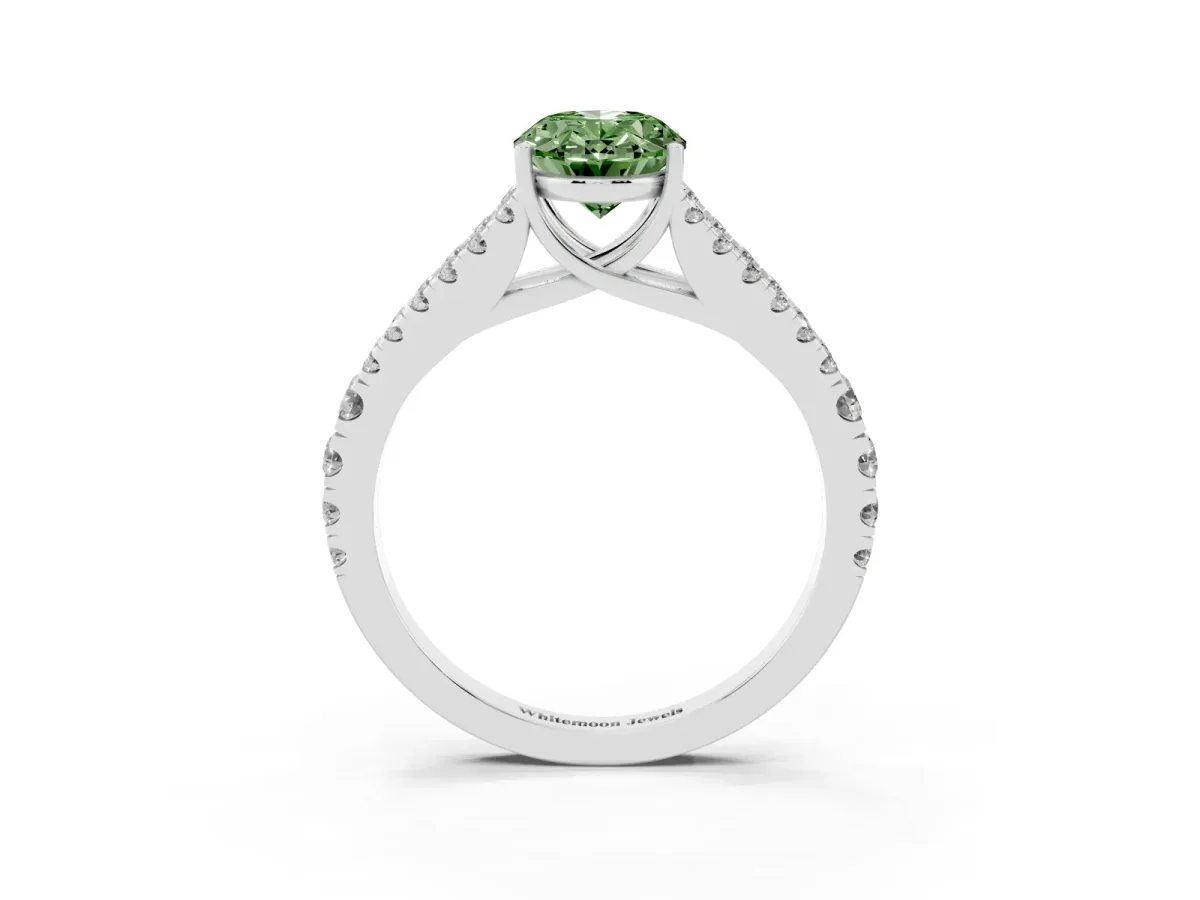 Fancy Green Oval Cut Diamond Split Shank Pavé Engagement Ring with Four-Prong Setting White gold