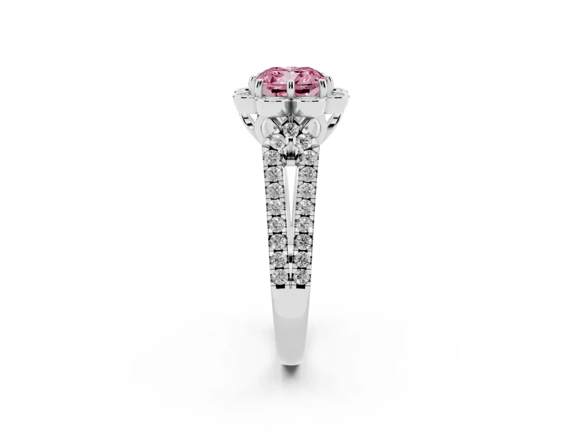 Fancy Pink Cushion Cut Halo Diamond Floral Split Shank Engagement Ring Silver