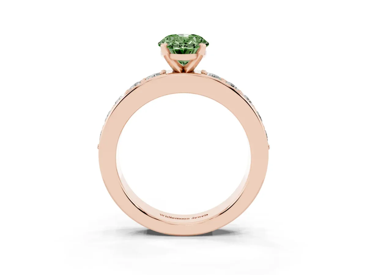 Fancy Green Oval Cut Diamond Engagement Ring with Channel Set Round Band and Prong Setting Rose gold