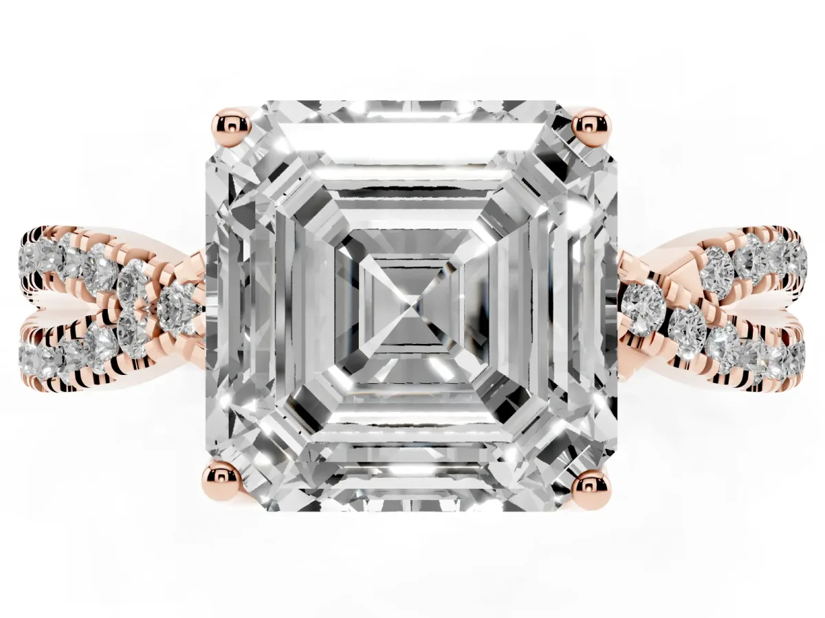 Asscher Cut Solitaire Twist Pave Diamond Engagement Ring with Prong Setting Rose gold
