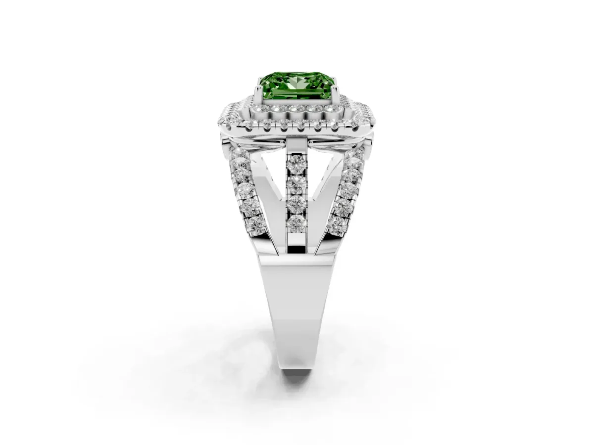 Fancy Green Princess Cut Diamond Double Halo Ring with Round Pavé Split Shank and Prong Setting Silver