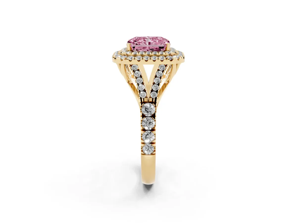 Fancy Pink Radiant Cut Cut Double Halo Split Shank Diamond Ring with Prong Setting Yellow gold