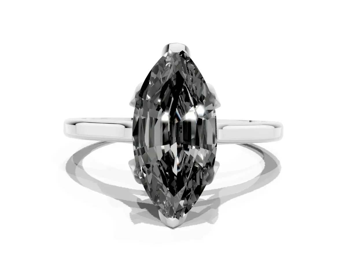 Fancy Black Marquise Cut Diamond Solitaire Ring with Flower Prong Setting and Classic Band Silver