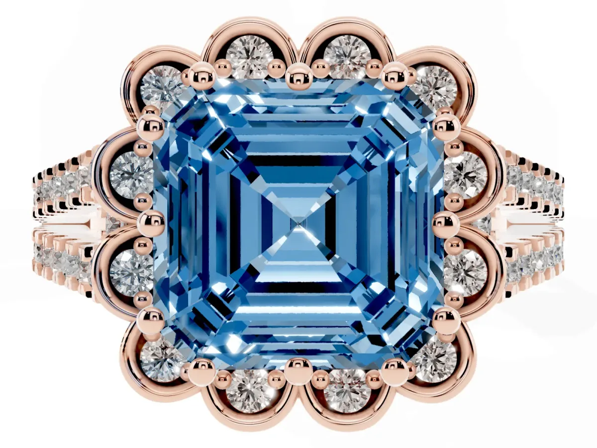 Fancy Blue Asscher Cut Halo Diamond Floral Split Shank Engagement Ring Rose gold