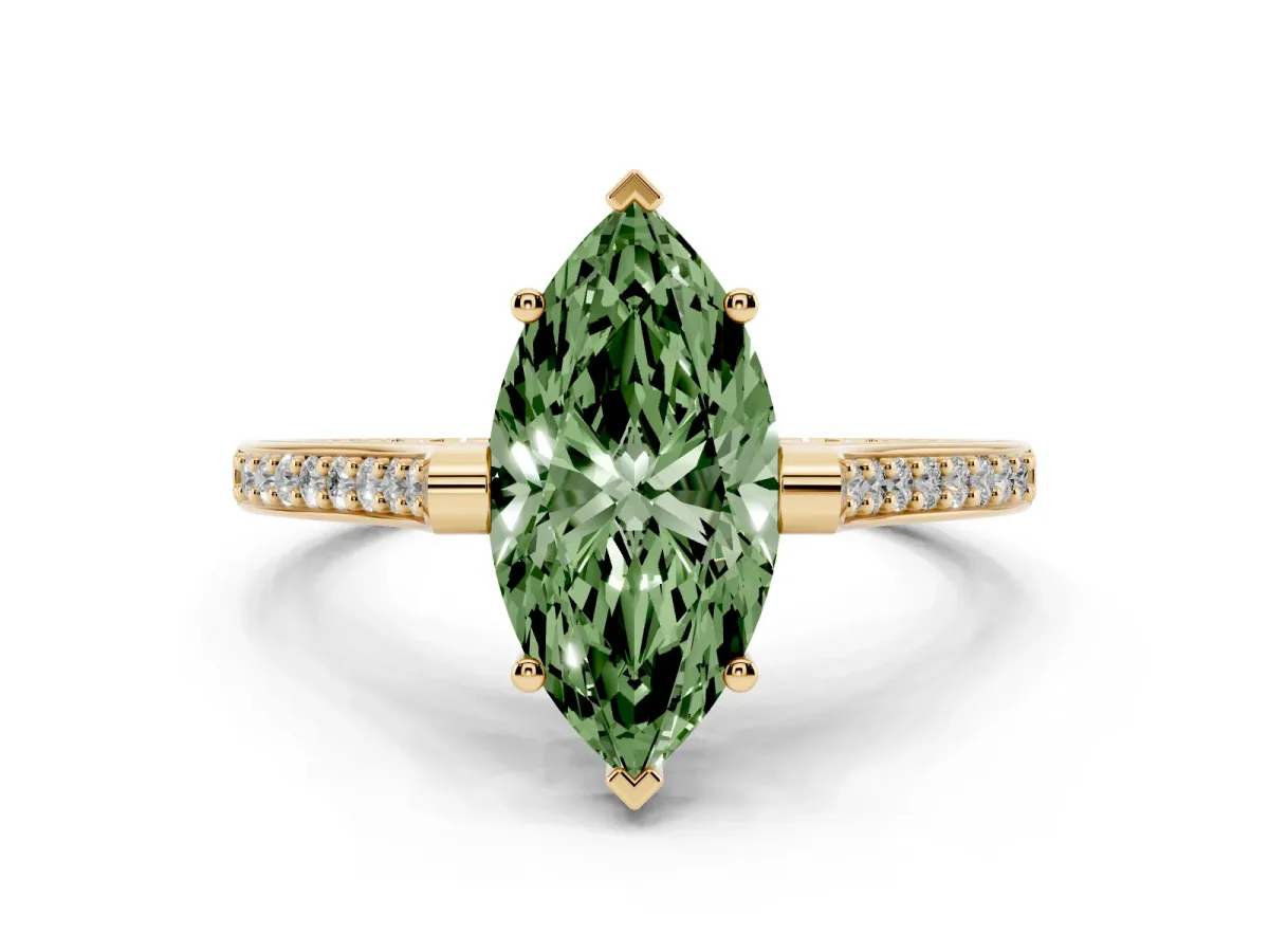 Fancy Green Marquise Cut Solitaire Diamond Ring with Channel Set Band and Bezel Prong Setting Yellow gold