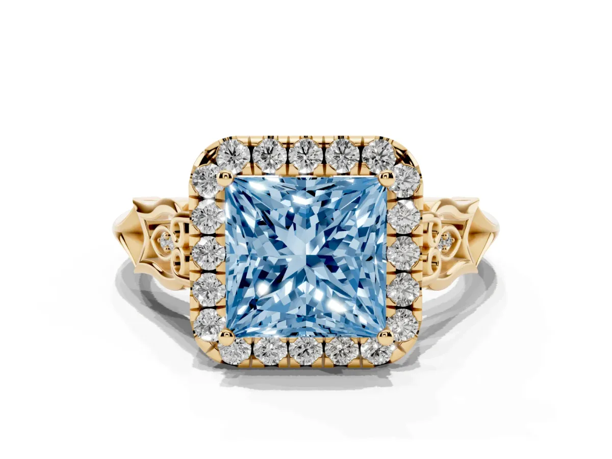 Fancy Blue Princess Cut Halo Diamond Engagement Ring with Filigree Band and Four-Prong Setting Yellow gold