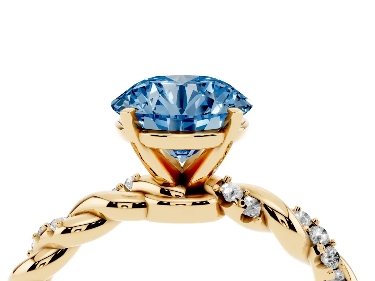 Fancy Blue Round Cut Diamond Solitaire Ring with Twisted Band and Pavé Accents Yellow gold