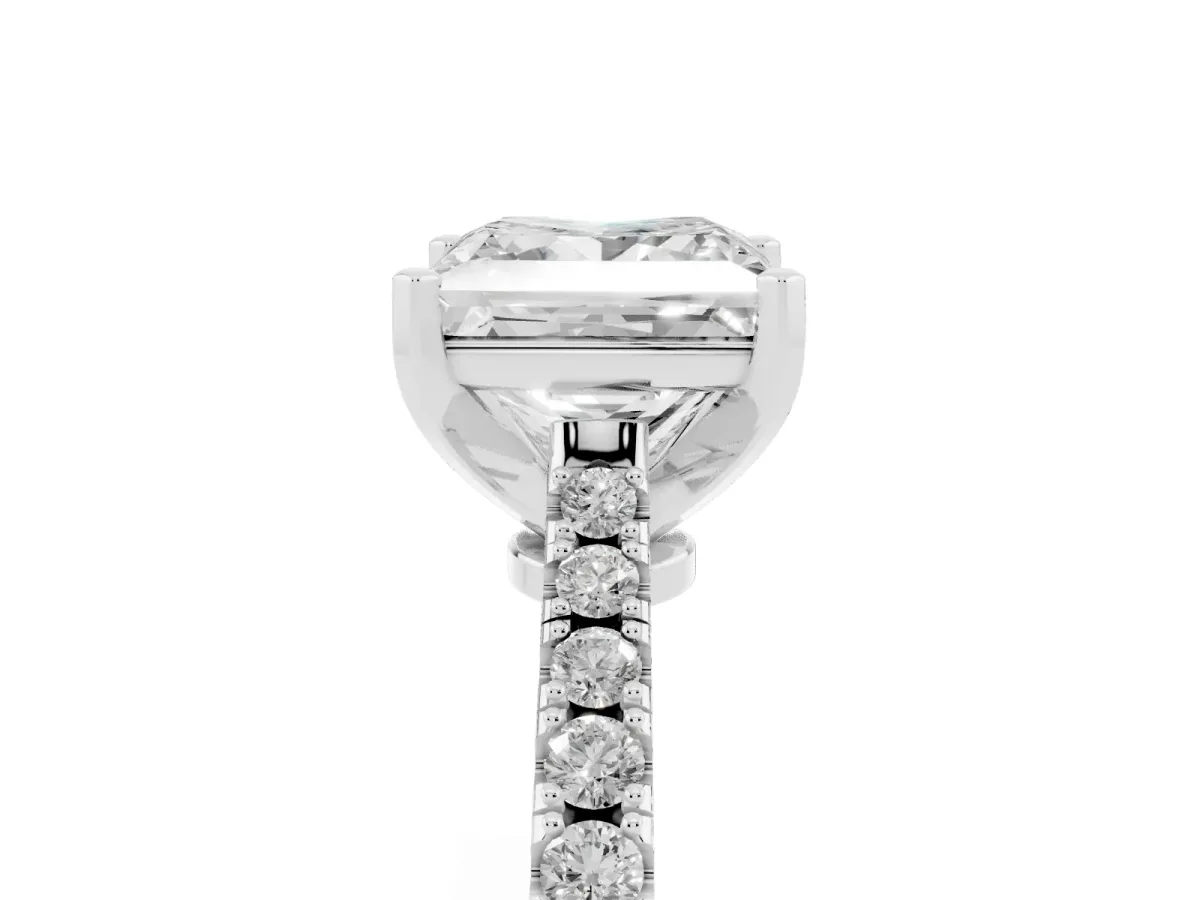 Princess Cut Cut Solitaire Diamond Engagement Ring with Pave Band and Four-Prong Setting Platinum
