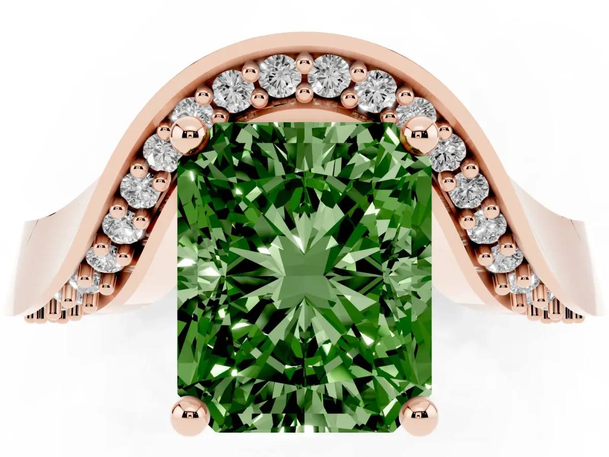 Fancy Green Radiant Cut Solitaire Diamond Engagement Ring with Pave Band and Four-Prong Setting Rose gold