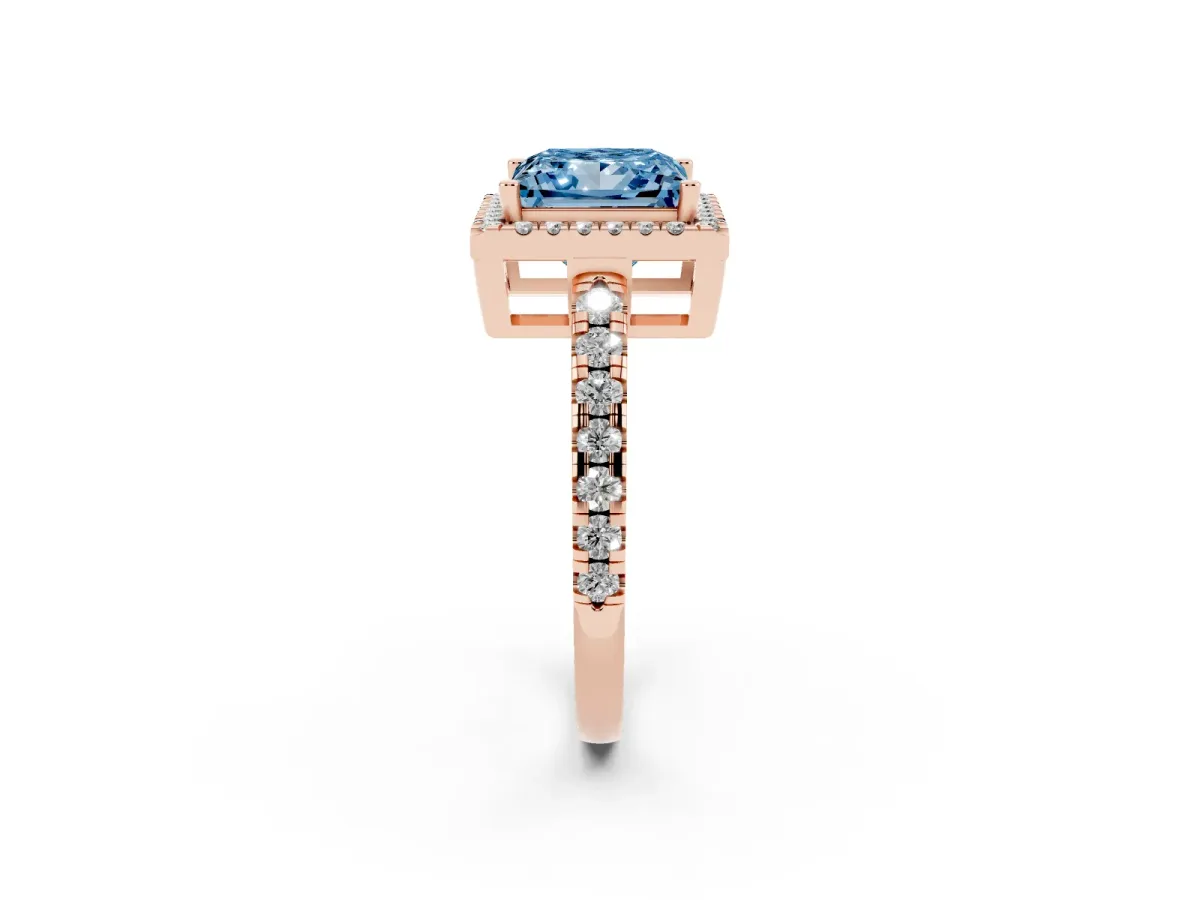 Fancy Blue Princess Cut Diamond Halo Ring with Pavé Band and Four-Prong Setting Rose gold