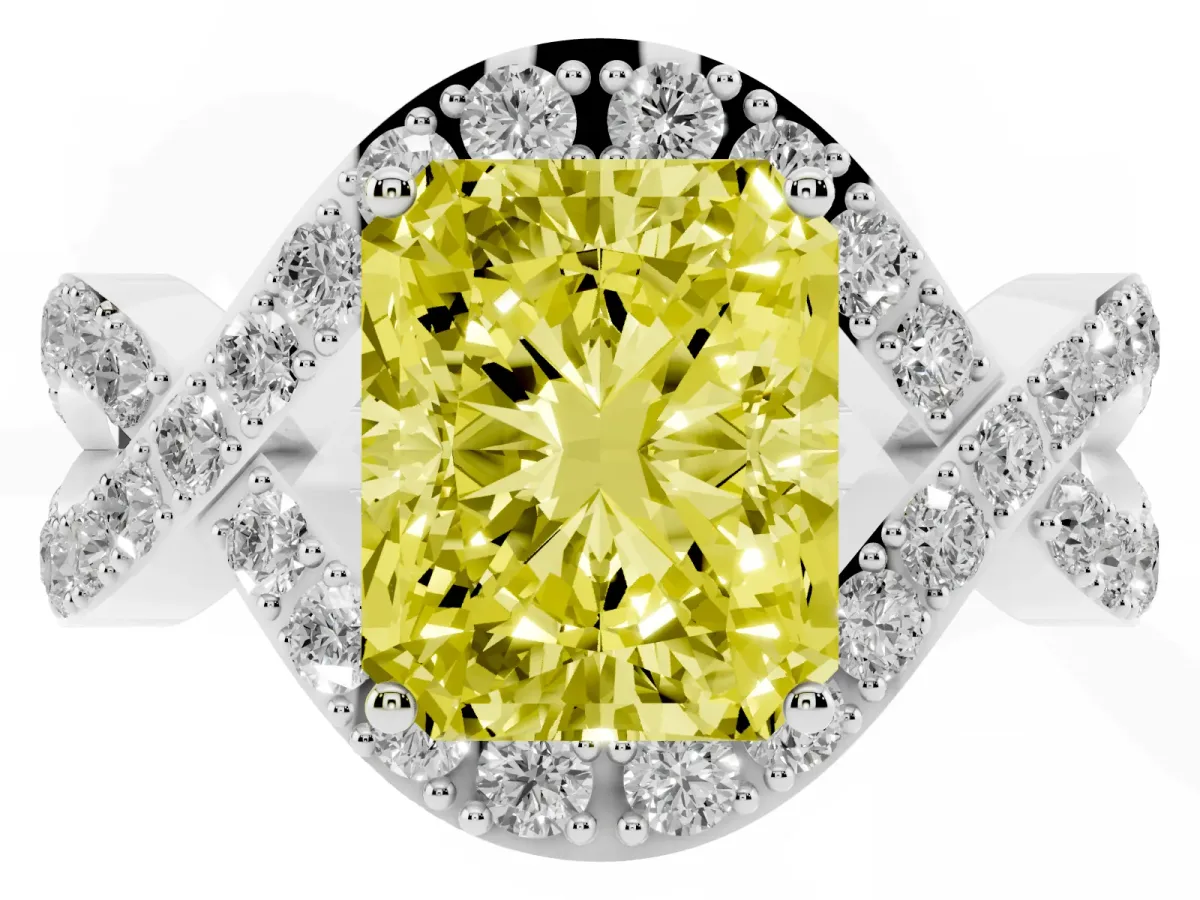 Fancy Yellow Radiant Cut Solitaire Twist Band Pavé Diamond Engagement Ring White gold