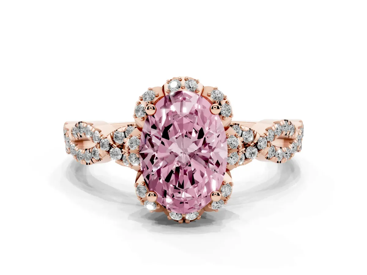 Fancy Pink Oval Cut Halo Twist Band Solitaire Ring with Six-Prong Setting Rose gold