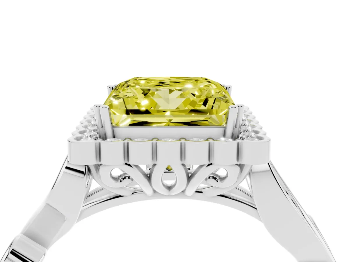 Fancy Yellow Princess Cut Diamond Halo Ring with Vintage Split Shank and Four-Prong Setting Silver