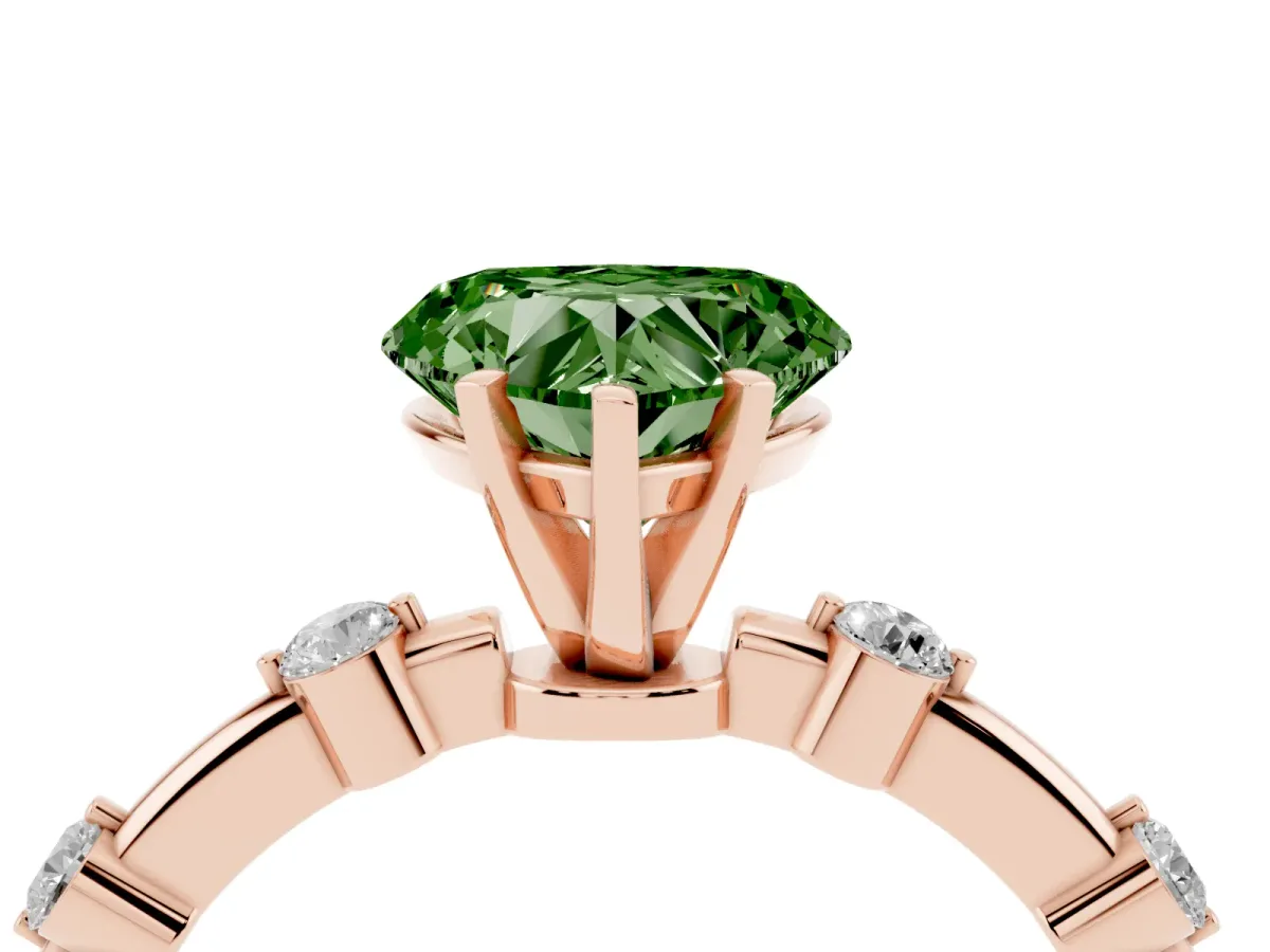 Fancy Green Heart Cut Solitaire Diamond Ring with Bezel Set Side Stones and Prong Setting Rose gold