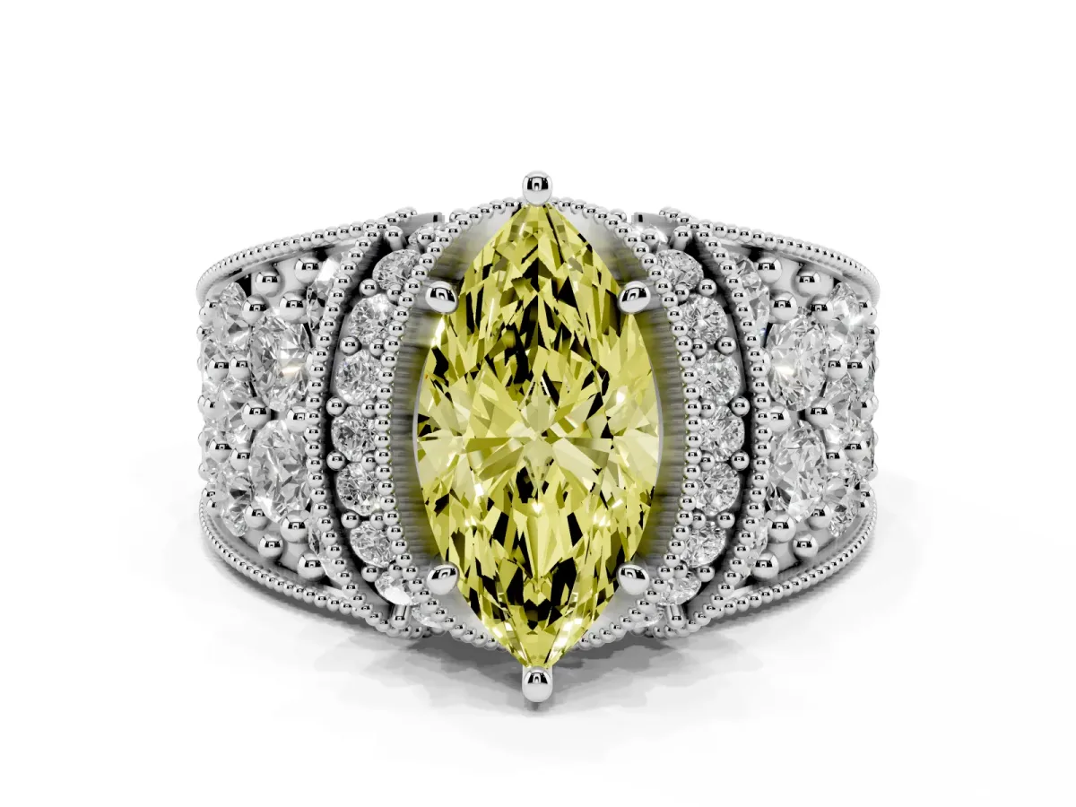 Fancy Yellow Marquise Cut Halo Pave Diamond Engagement Ring with Milgrain Detailing Platinum