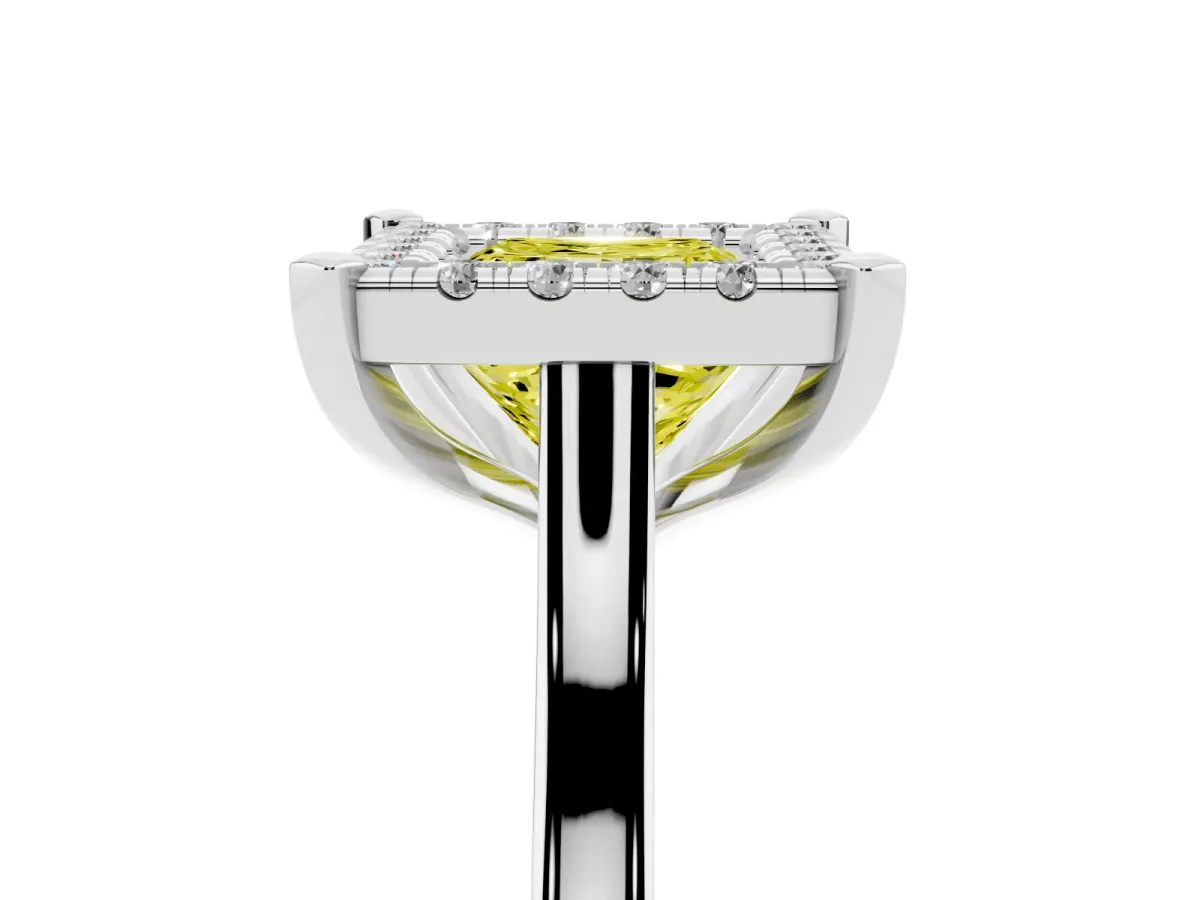 Fancy Yellow Princess Cut Diamond Cluster Halo Solitaire with Four-Prong Setting Silver