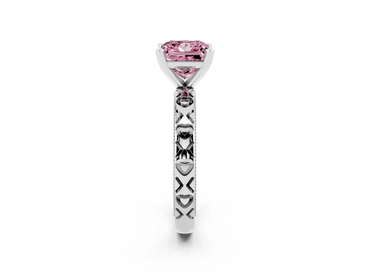 Fancy Pink Princess Cut Solitaire Diamond Engagement Ring with XO Engraved Band and Four-Prong Setting Silver