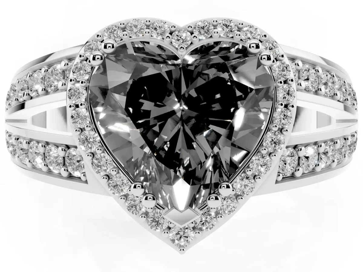 Fancy Black Heart Cut Diamond Halo Ring with Split Shank Pavé Band and Four-Prong Setting Platinum