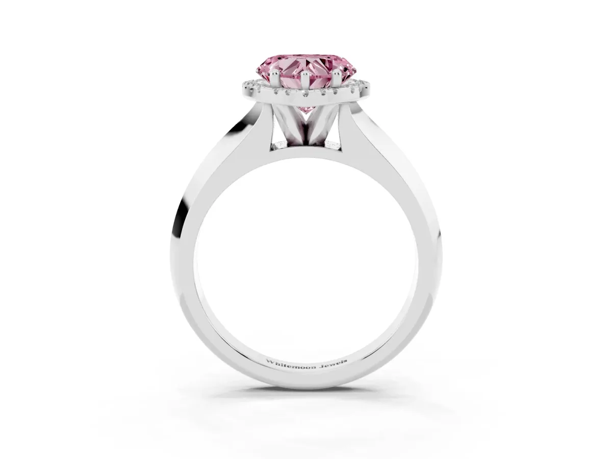 Fancy Pink Heart Cut Halo Diamond Ring with Cathedral Band and Four-Prong Setting Silver