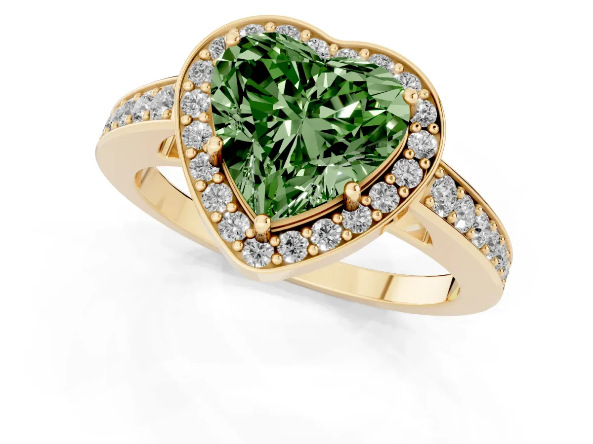 Fancy Green Heart Cut Halo Pavé Diamond Engagement Ring with Bezel Setting Yellow gold