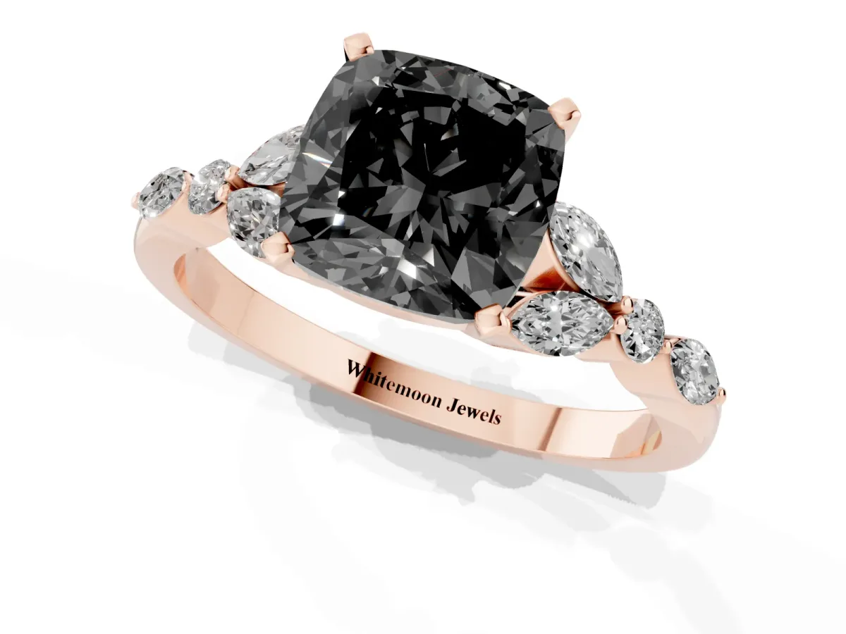 Fancy Black Cushion Cut Diamond Solitaire Ring with Side Stones and Four-Prong Setting Rose gold