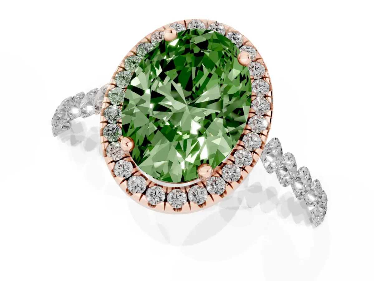 Fancy Green Oval Cut Halo Pavé Diamond Engagement Ring with Four-Prong Setting Rose gold