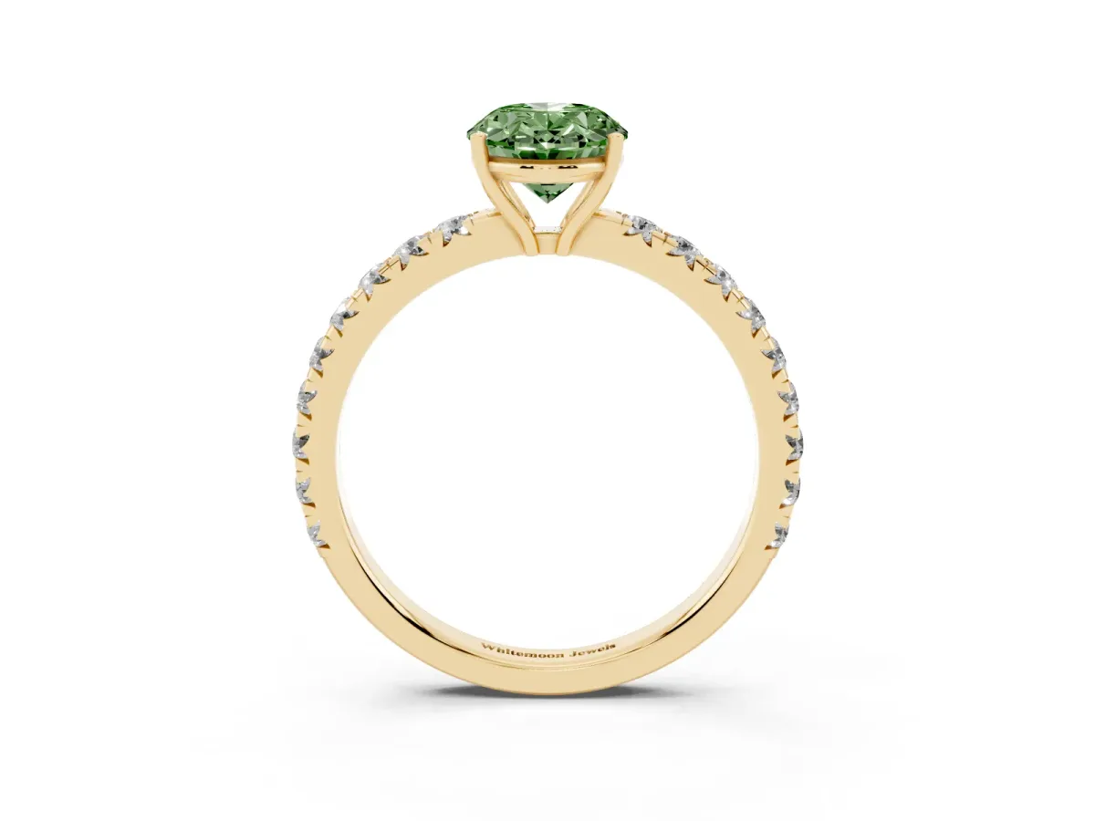 Fancy Green Oval Cut Diamond Pavé Solitaire Engagement Ring with Four-Prong Setting Yellow gold