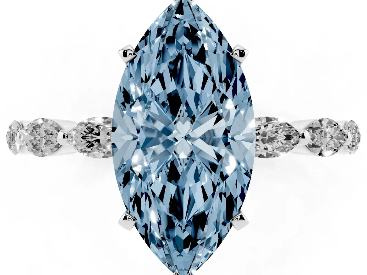 Fancy Blue Marquise Cut Diamond Ring with Marquise Side Stones and Prong Setting White gold