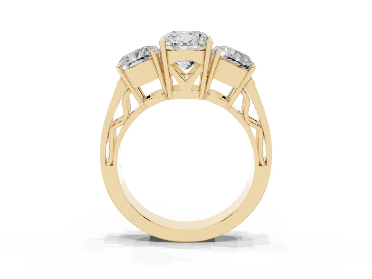 Cushion Cut Diamond Three-Stone Ring with Prong Setting and Textured Band Yellow gold