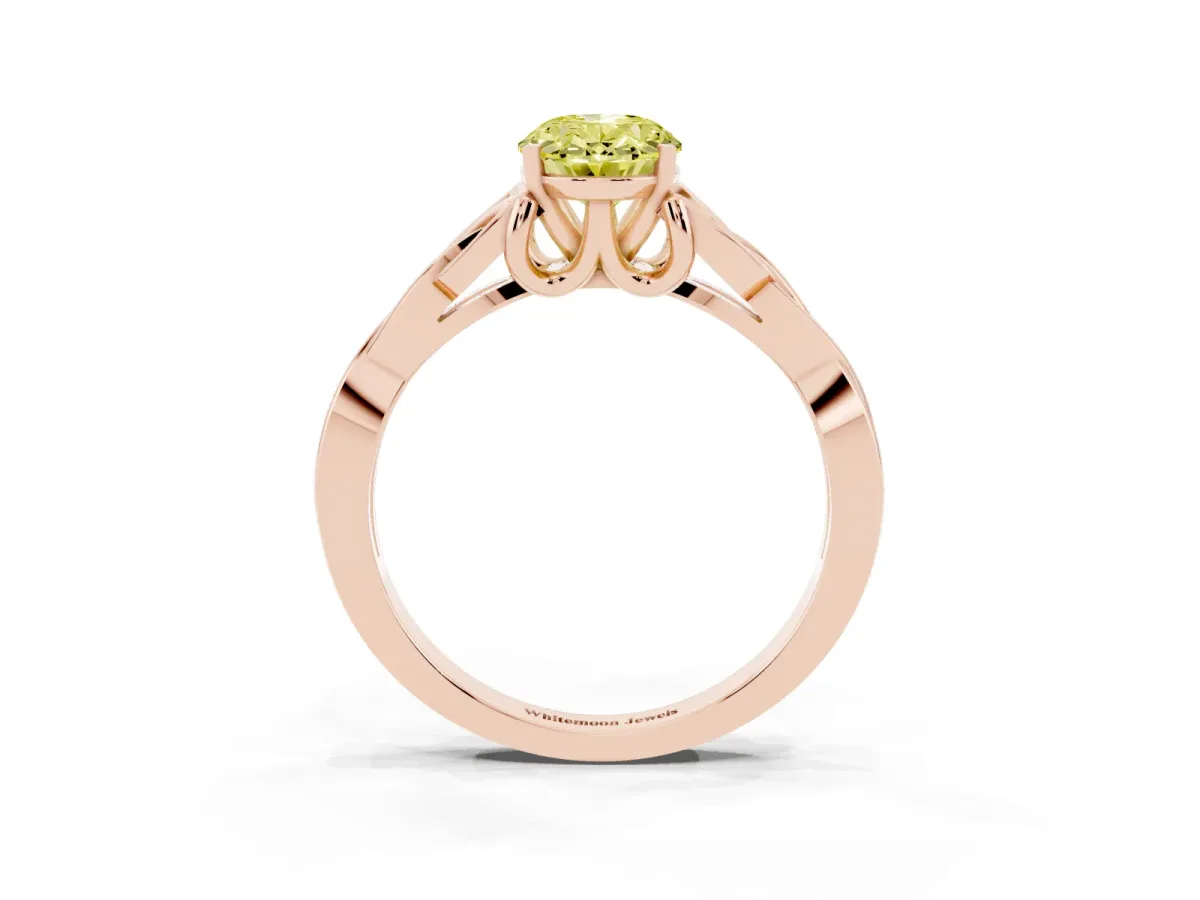 Fancy Yellow Oval Cut Diamond Solitaire Engagement Ring with Celtic Knot Band and Four-Prong Setting Rose gold