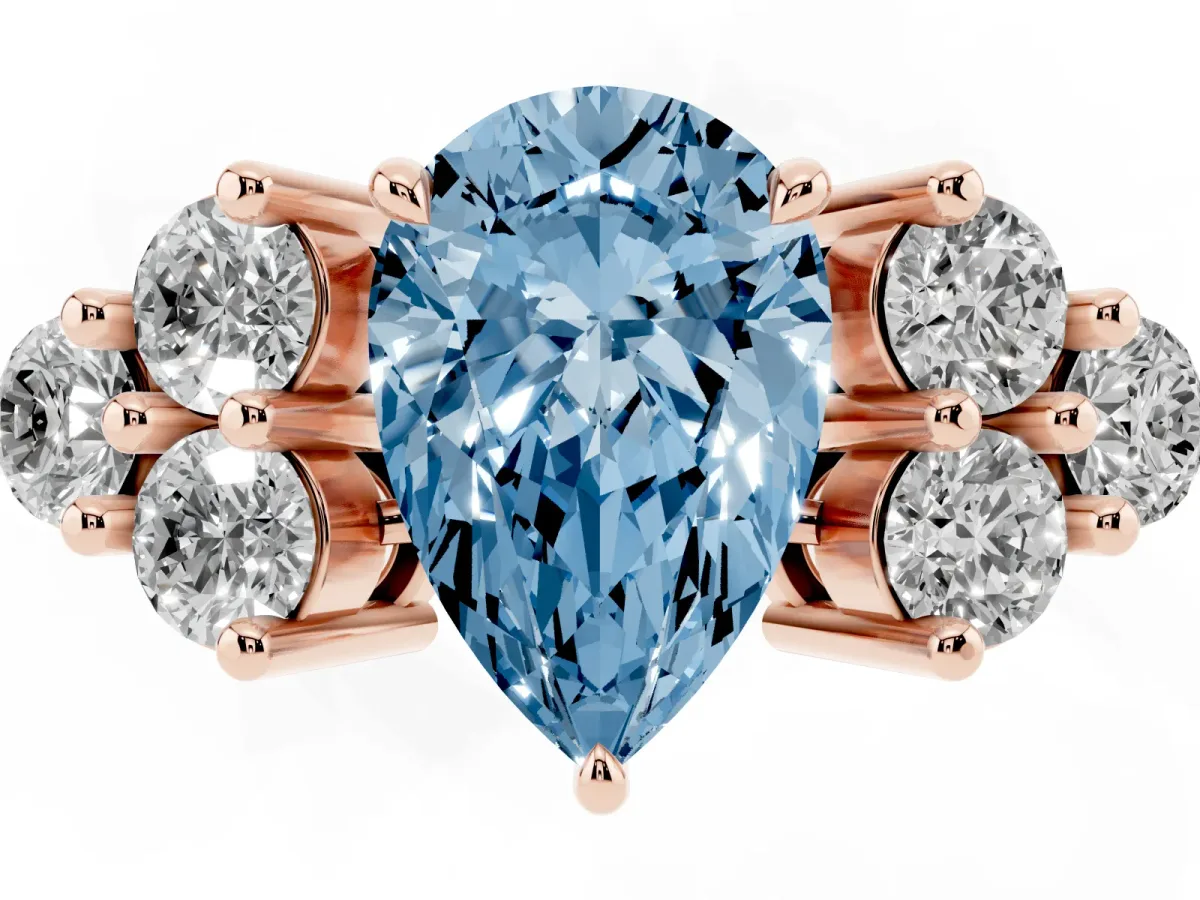 Fancy Blue Pear Cut Brilliant Diamond Cluster Accent Solitaire Ring with Prong Setting Rose gold