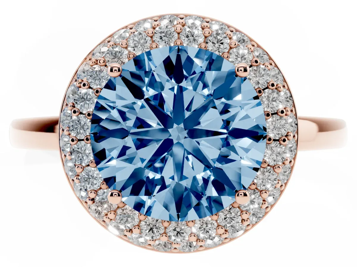 Fancy Blue Round Cut Halo Diamond Engagement Ring with Solitaire Band and Four-Prong Setting Rose gold