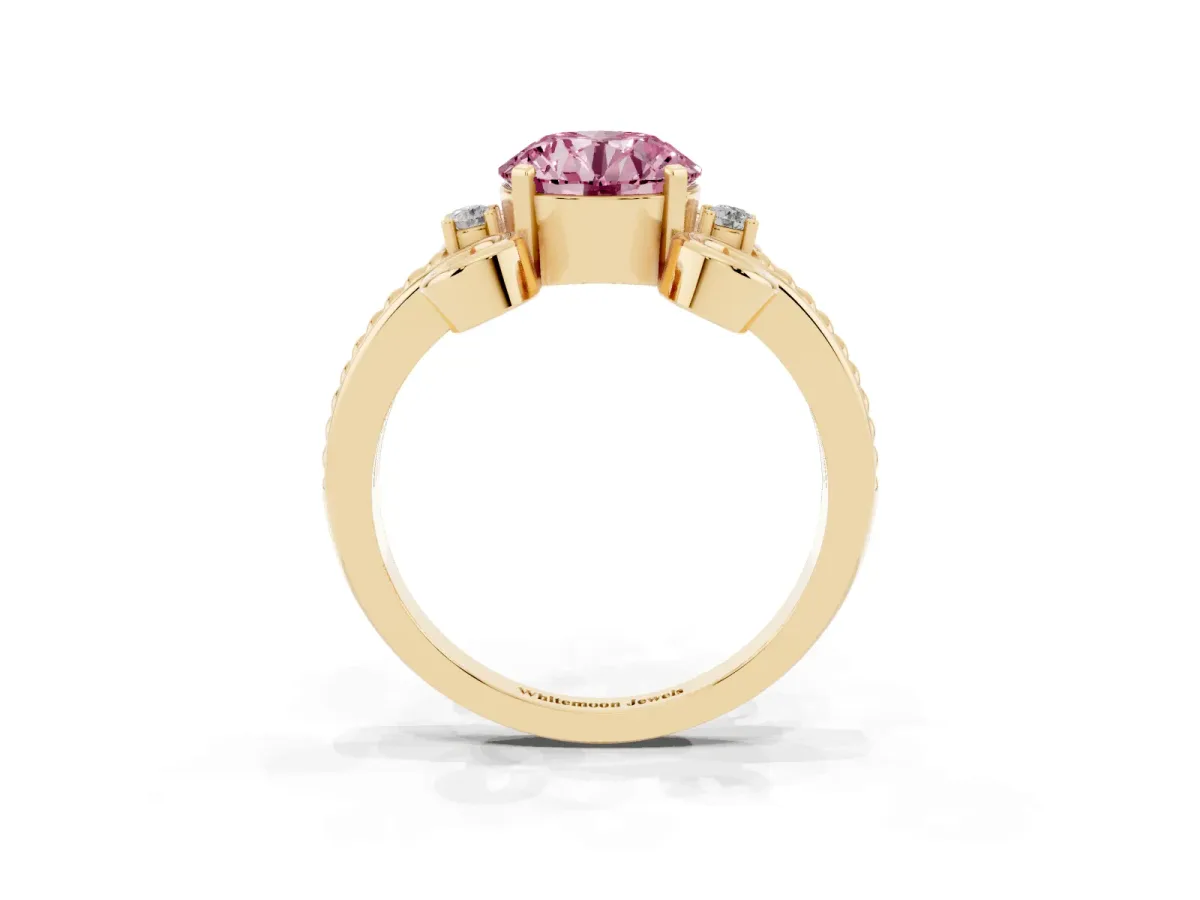 Fancy Pink Round Cut Solitaire Twisted Band Scroll Prong Ring Yellow gold