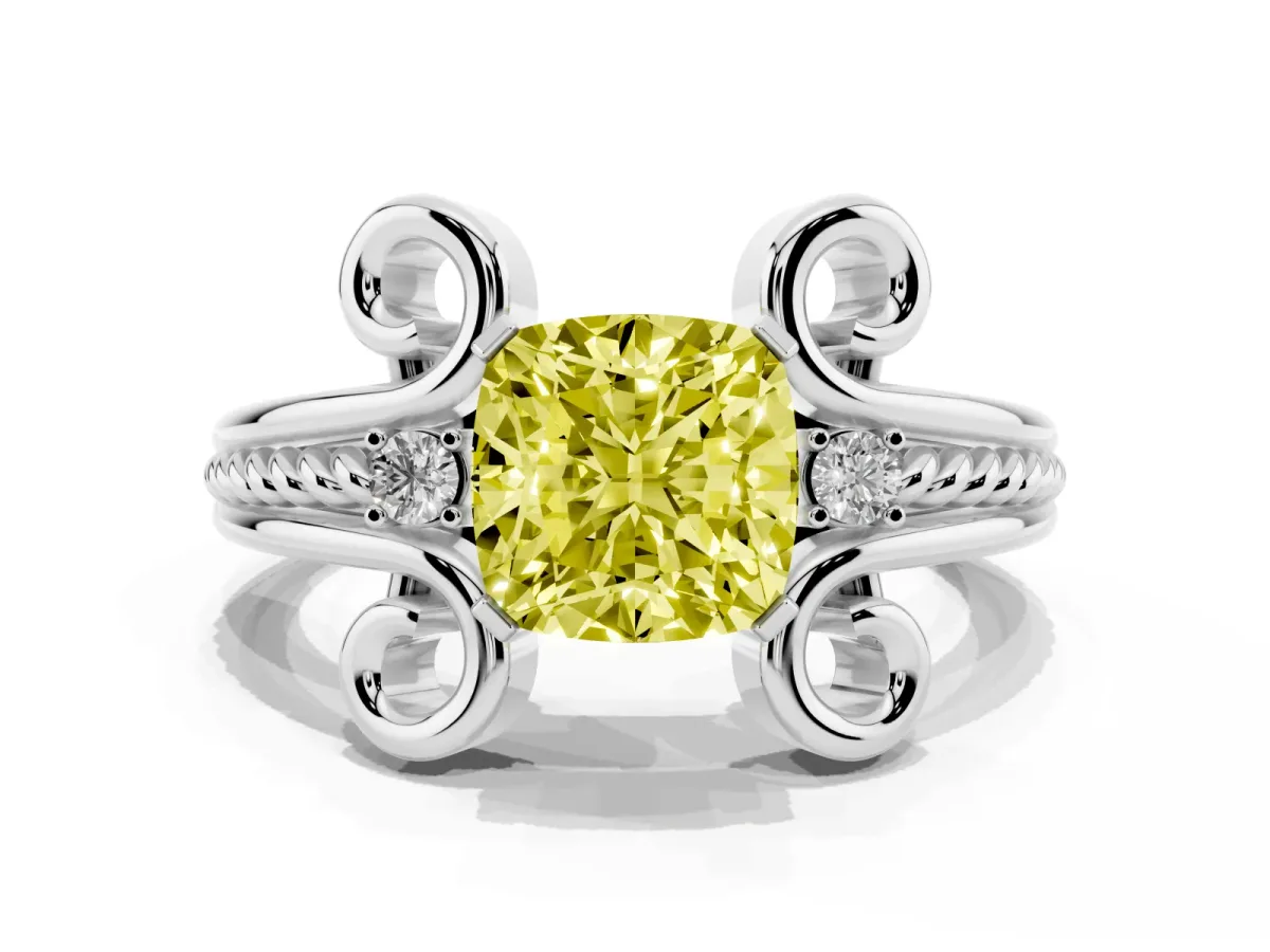 Fancy Yellow Cushion Cut Solitaire Twisted Band Scroll Prong Ring Platinum