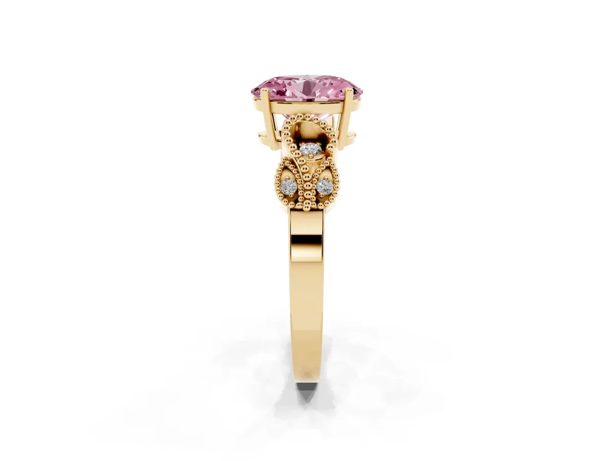 Fancy Pink Oval Cut Solitaire Milgrain Leaf Band with Prong Setting Yellow gold