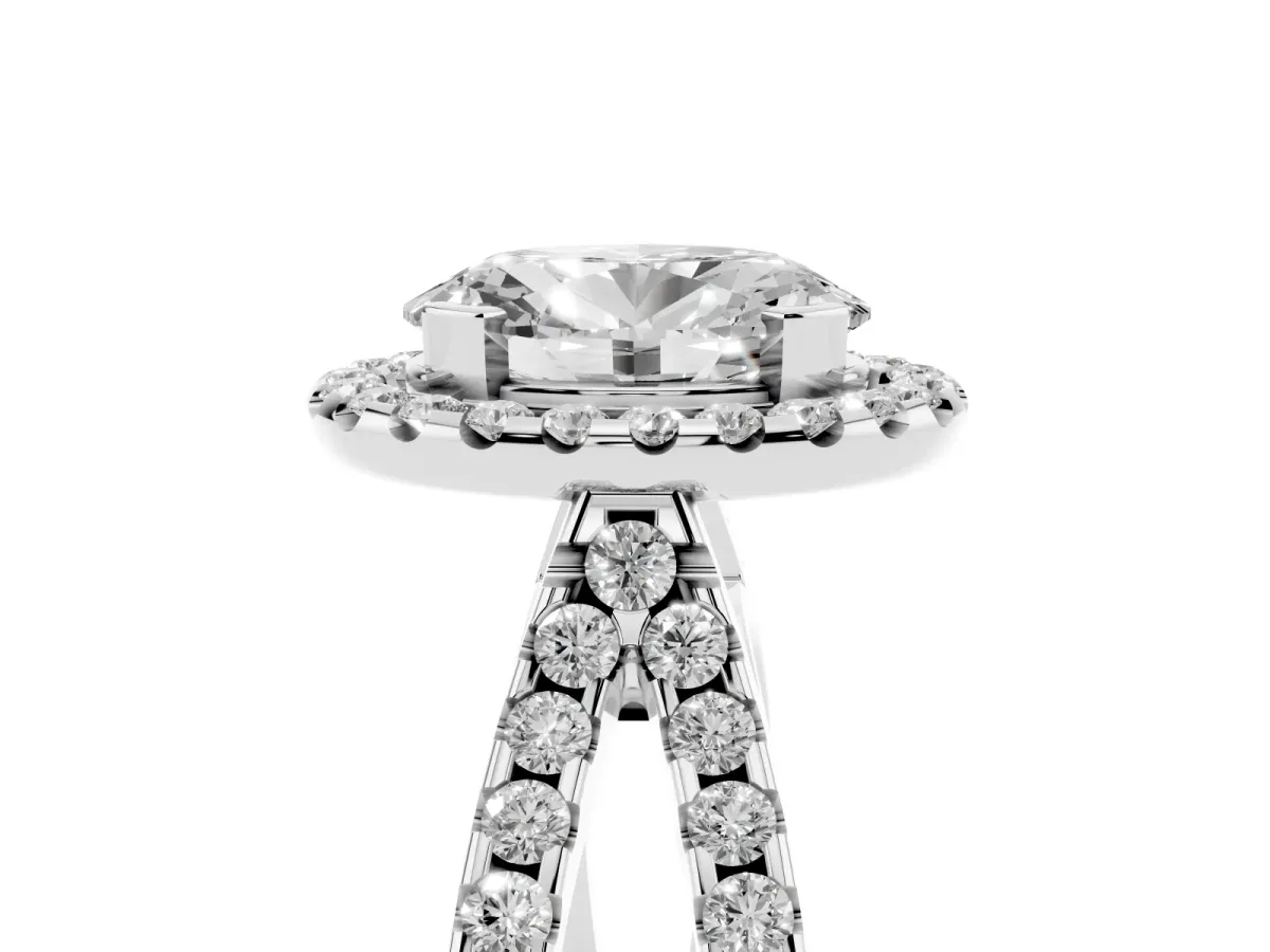 Oval Cut Diamond Halo Ring with Split Shank Pavé Band and Prong Setting Silver