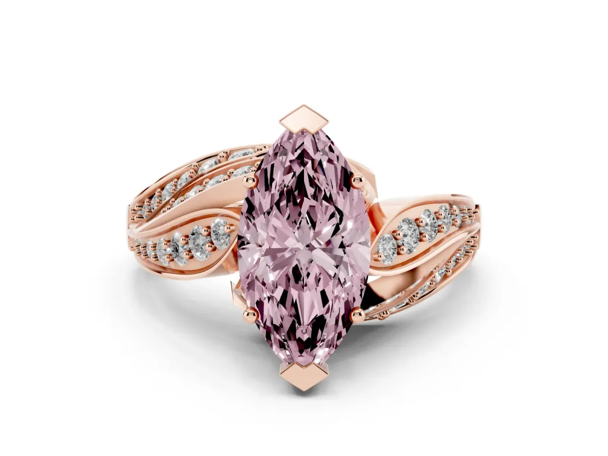 Fancy Pink Marquise Cut Diamond Solitaire Ring with Prong Setting and Twisted Pavé Band Rose gold