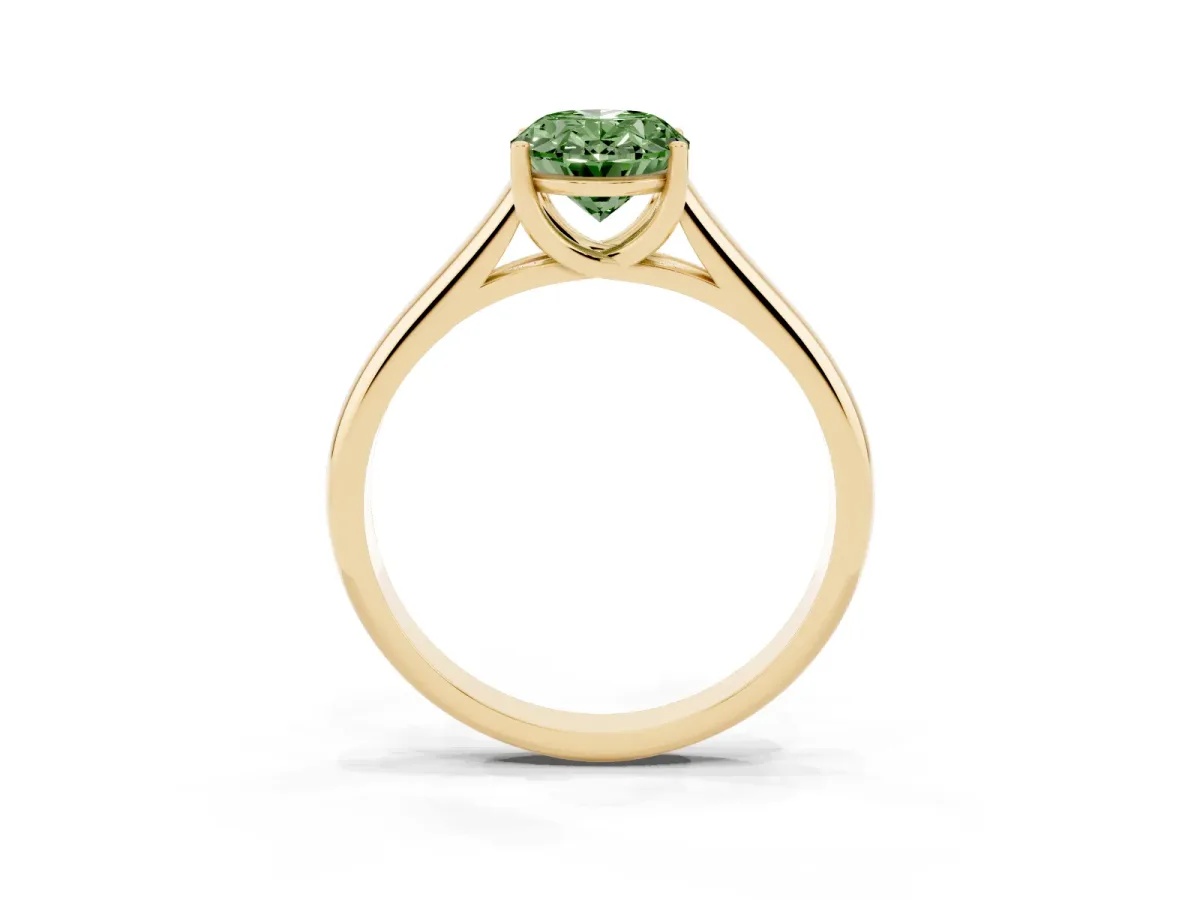 Fancy Green Oval Cut Solitaire Engagement Ring with Tapered Band and Four-Prong Setting Yellow gold