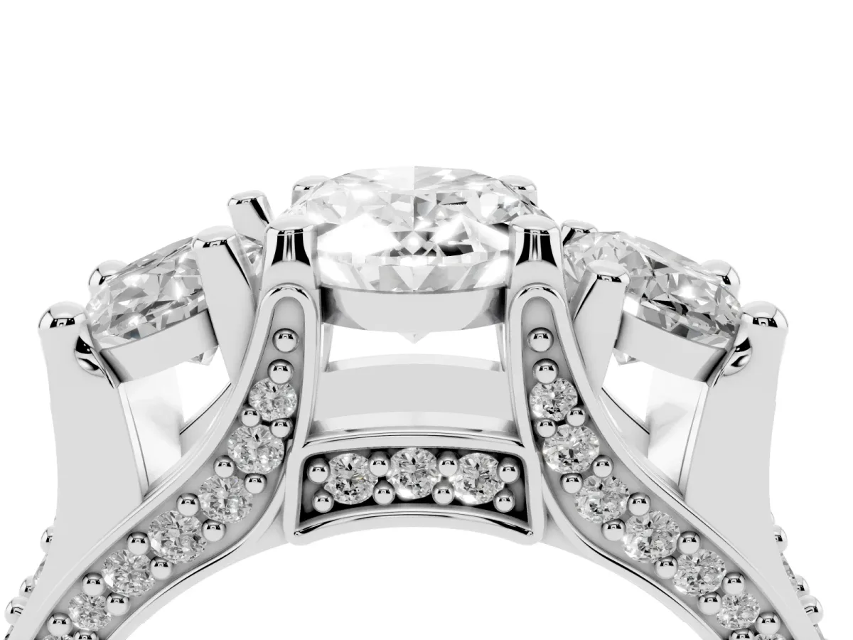 Oval Cut Diamond Three-Stone Ring with Channel Set Band and Four-Prong Setting Silver