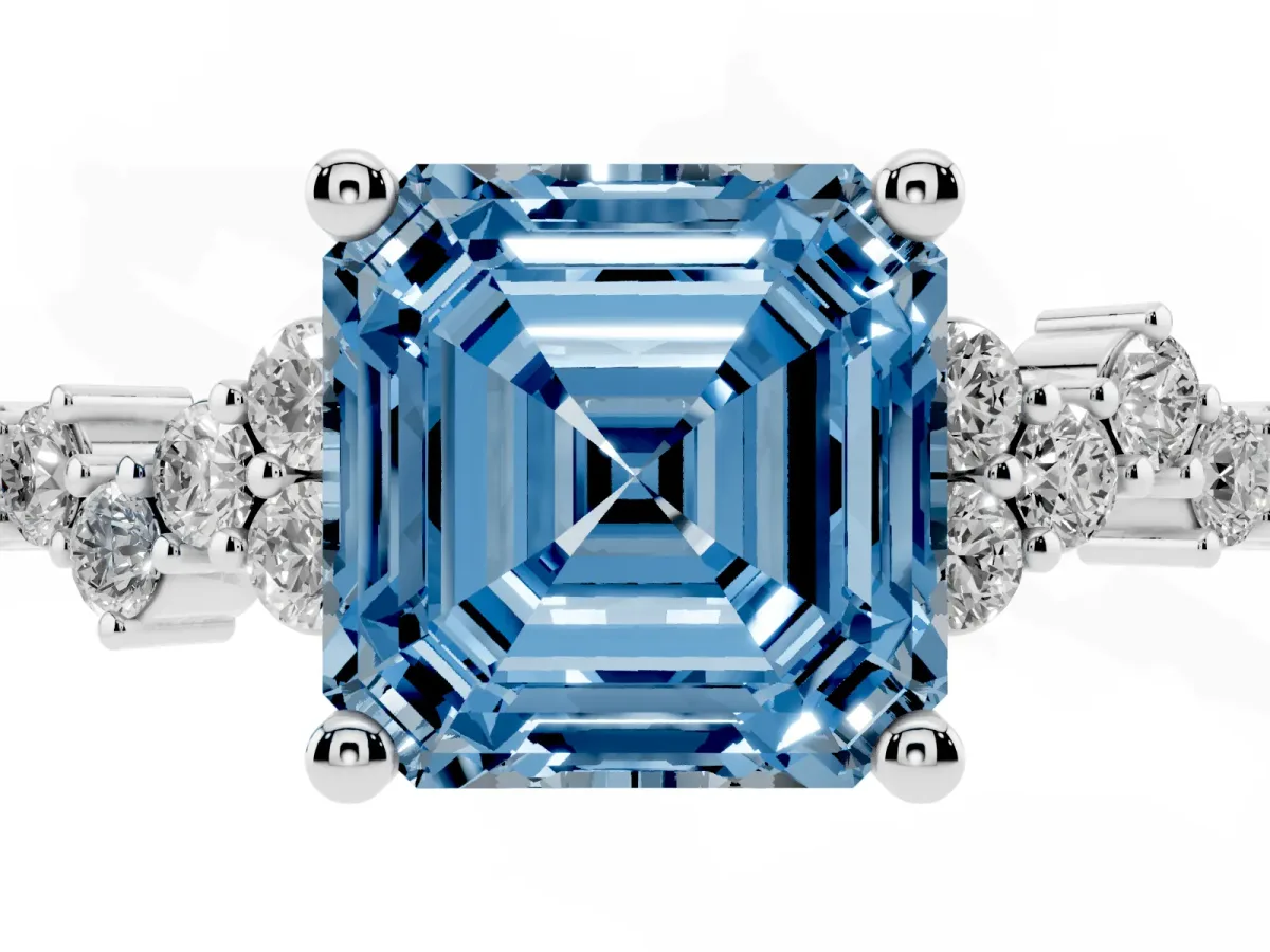 Fancy Blue Asscher Cut Diamond Scattered Round Accent Ring with Prong Setting White gold