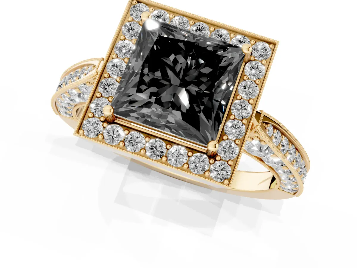 Fancy Black Princess Cut Halo Diamond Engagement Ring with Split Shank Band and Four-Prong Setting Yellow gold