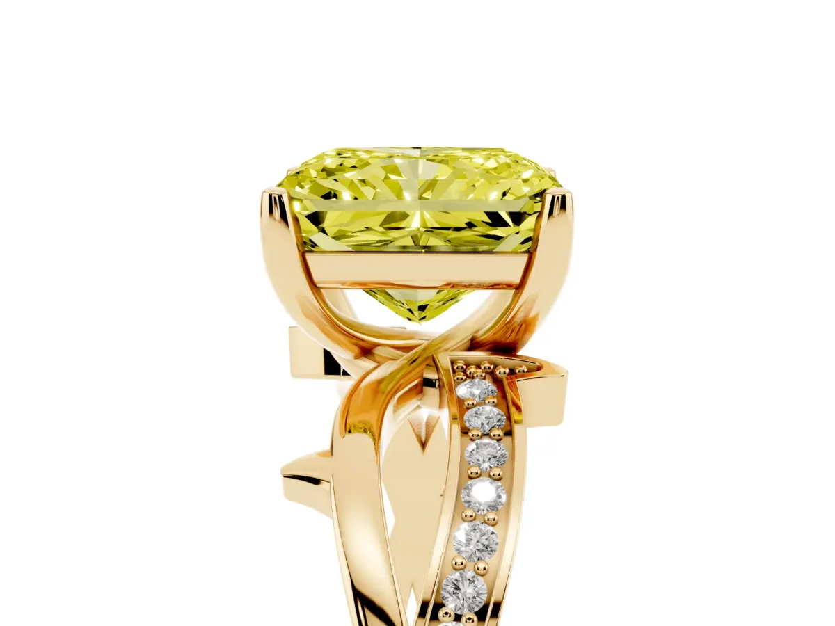 Fancy Yellow Radiant Cut Solitaire Twist Band with Pavé Accents and Four-Prong Setting Yellow gold