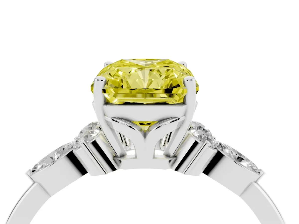 Fancy Yellow Radiant Cut Brilliant Diamond Solitaire Ring with Pear Side Stones and Four-Prong Setting Platinum
