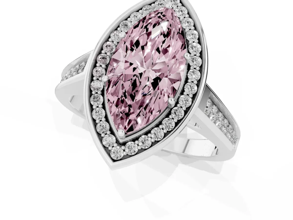 Fancy Pink Marquise Cut Halo Solitaire Diamond Ring with Pave Band and Bezel Setting White gold