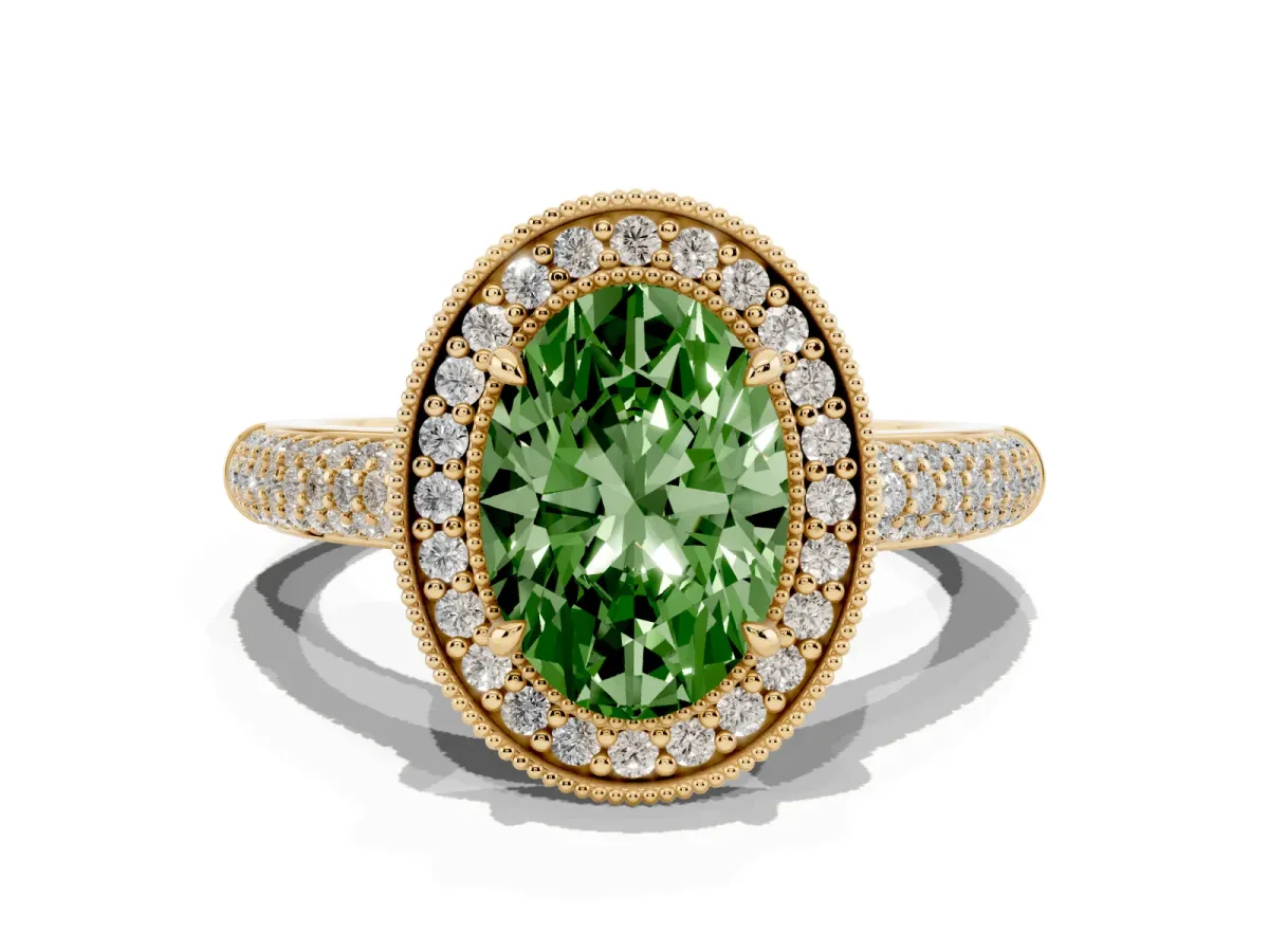 Fancy Green Oval Cut Cut Halo Diamond Pave Band with Four-Prong Setting Yellow gold