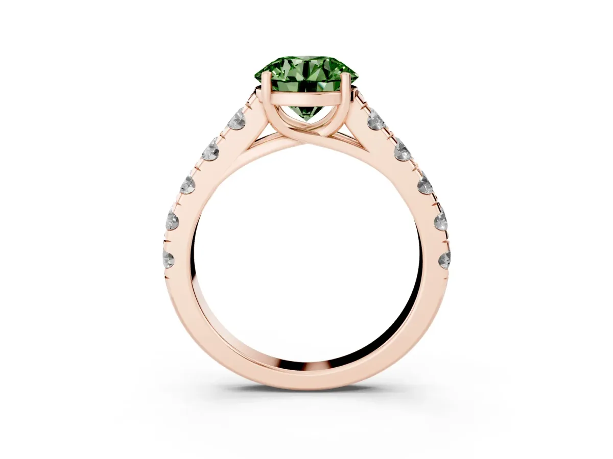 Fancy Green Round Cut Cut Diamond Solitaire Ring with Micro Pave Band and Prong Setting Rose gold