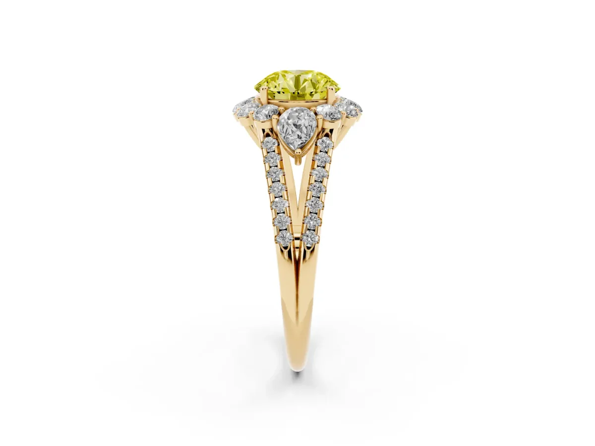 Fancy Yellow Round Cut Halo Split Shank Diamond Engagement Ring with Prong Setting Yellow gold
