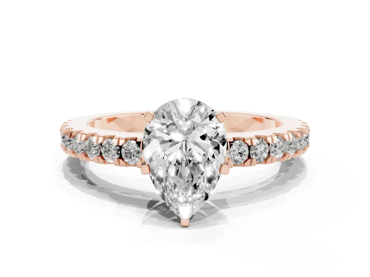 Pear Cut Solitaire Diamond with Pavé Band and Four-Prong Setting Rose gold