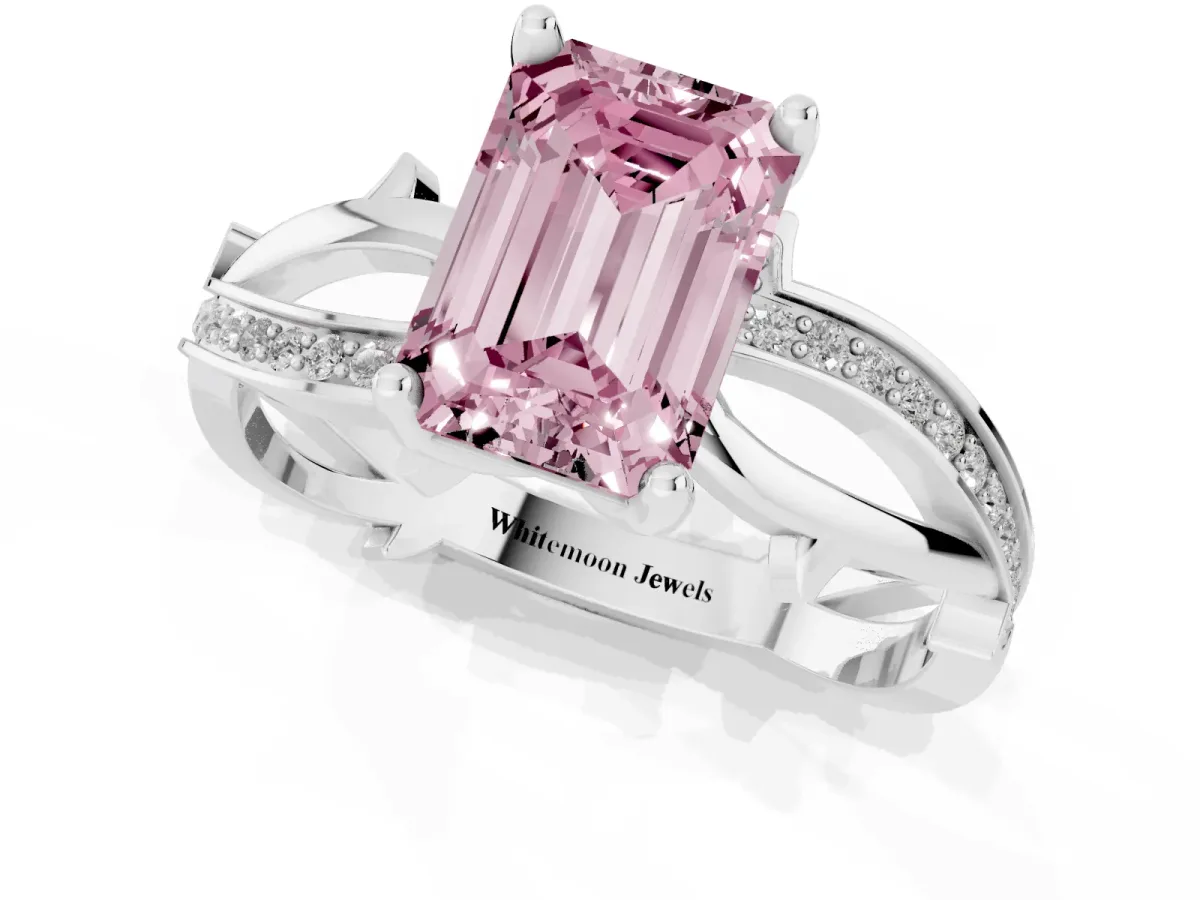 Fancy Pink Emerald Cut Solitaire Twist Band with Pavé Accents and Four-Prong Setting Silver